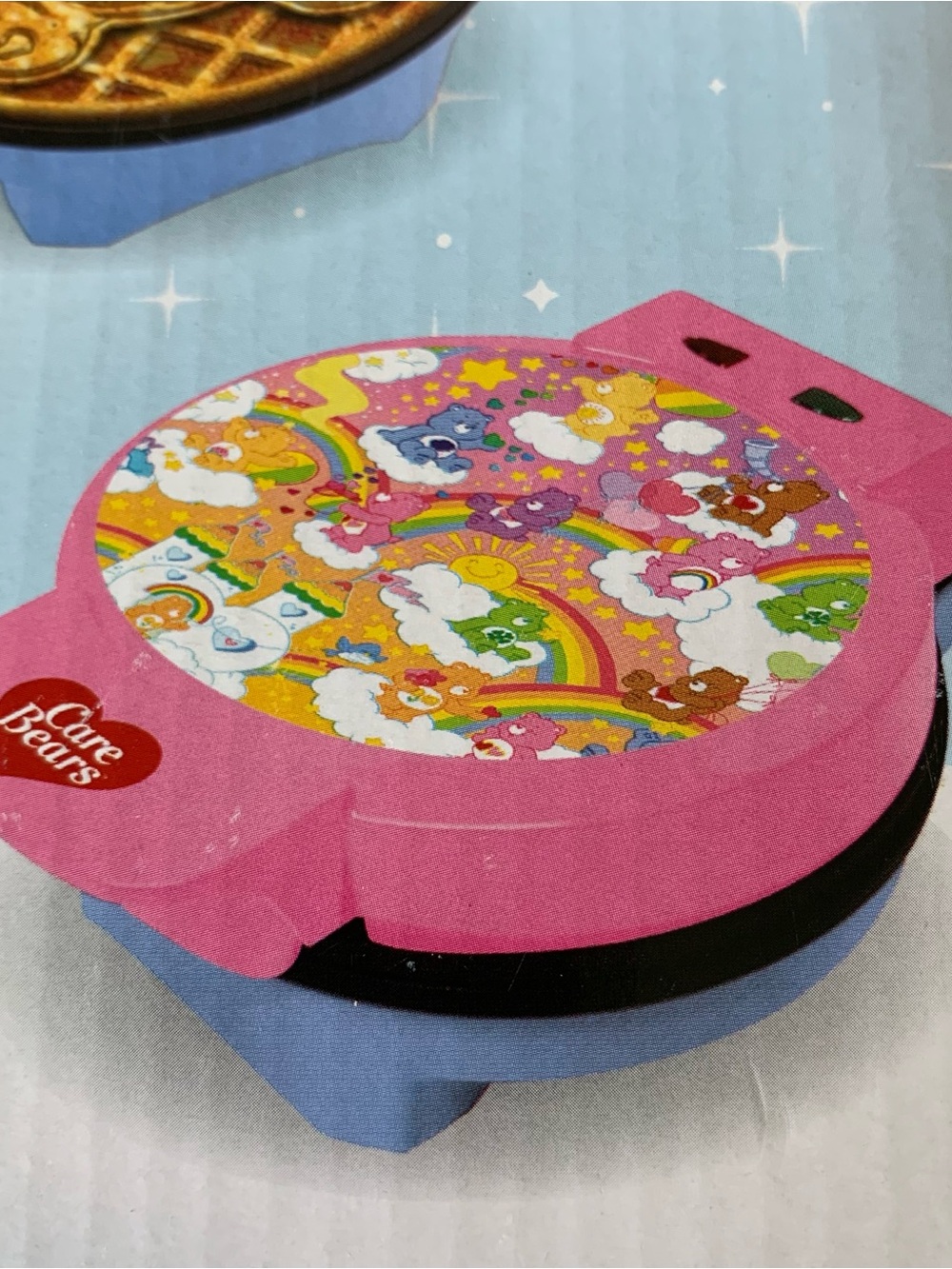 NEW-Care Bears Pink and Blue Rainbow Waffle Maker with Multicolor Character Lid